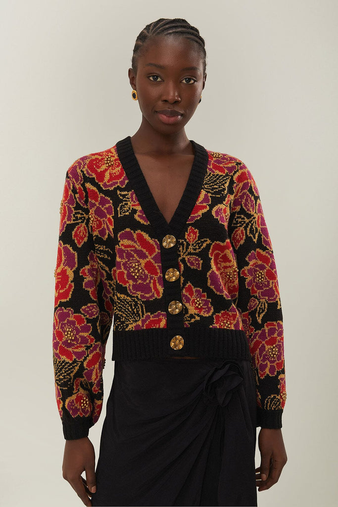 Farm Rio Shiny Chita Knit Cardigan in Black