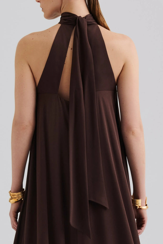 Malina Sabrina Halterneck Ruffle Maxi Dress in Chocolate
