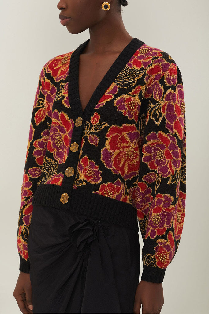 Farm Rio Shiny Chita Knit Cardigan in Black