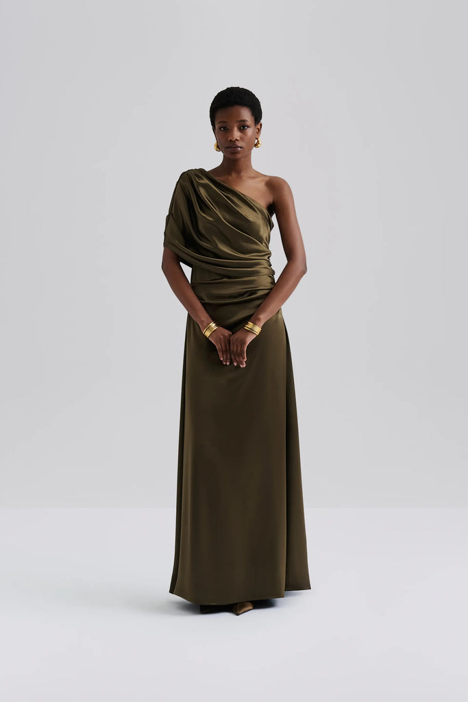 Malina Cassia Detachable Cape Maxi Dress in Olive