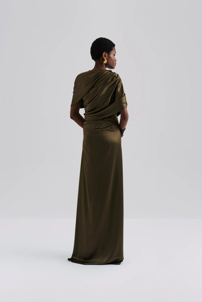Malina Cassia Detachable Cape Maxi Dress in Olive