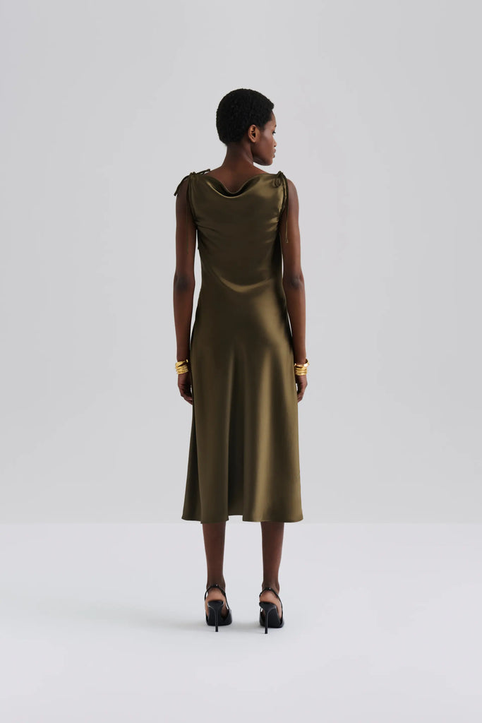 Malina Zarea Tie Satin Midi Dress in Olive