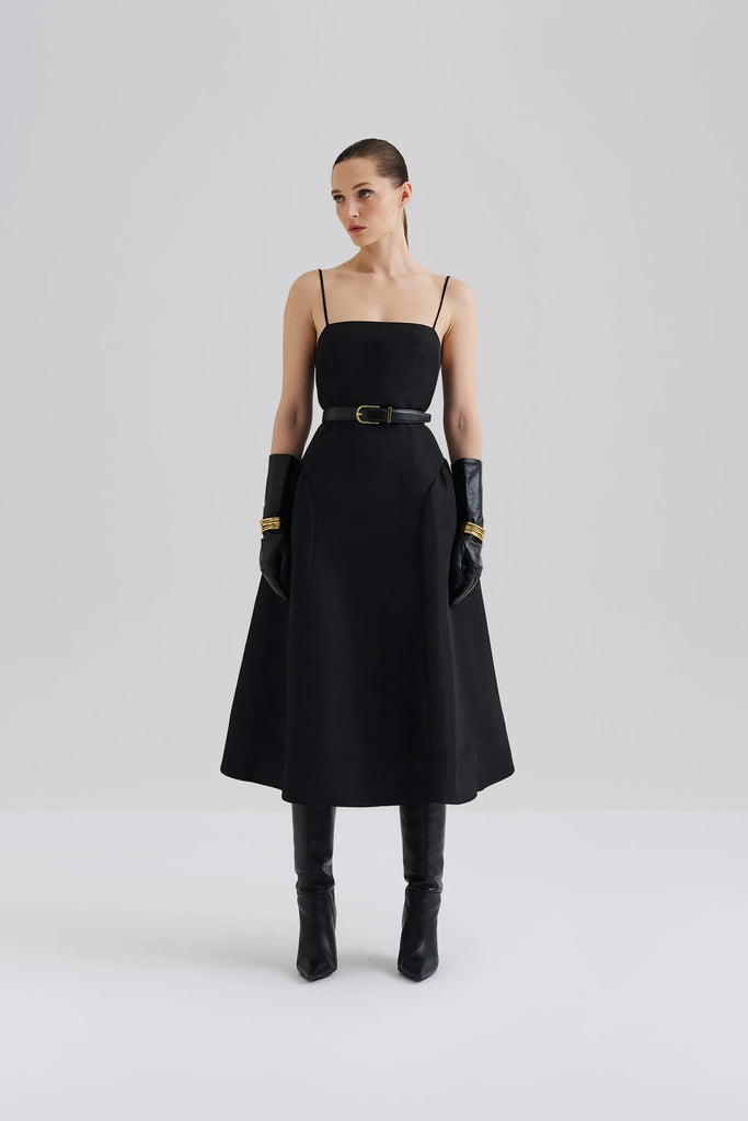 Malina Calista Exaggerated Hip Midi Dress in Black