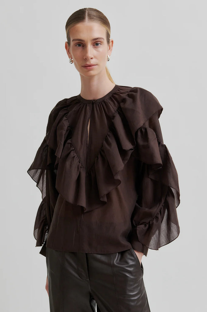 Second Female Fria Frill Blouse in Chocolate