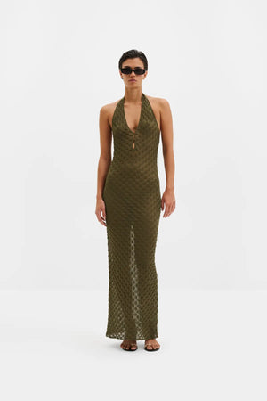 Malina Esra Knit Halterneck Maxi in Olive