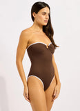 Seafolly Beach Bound Ring Front Bandeau One Piece in Chocolate