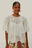 Farm Rio Embroidered Short Sleeve Blouse in Off White