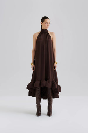Malina Sabrina Halterneck Ruffle Maxi Dress in Chocolate