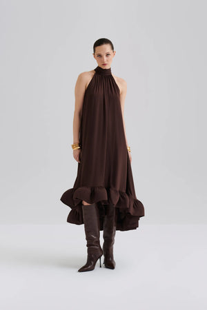 Malina Sabrina Halterneck Ruffle Maxi Dress in Chocolate