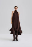 Malina Sabrina Halterneck Ruffle Maxi Dress in Chocolate