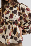 Malina Pernilla High Neck Balloon Sleeve Blouse in Peony