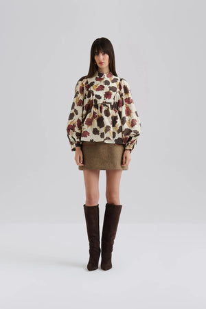 Malina Pernilla High Neck Balloon Sleeve Blouse in Peony