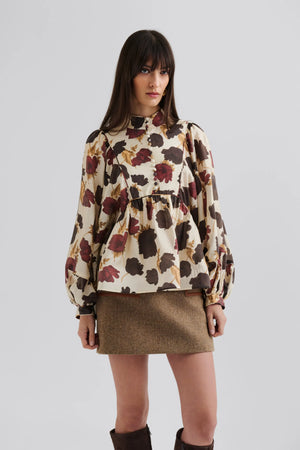 Malina Pernilla High Neck Balloon Sleeve Blouse in Peony
