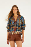 Farm Rio Embroidered Tapestry Short Sleeve Blouse in Blue