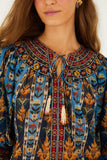 Farm Rio Embroidered Tapestry Short Sleeve Blouse in Blue