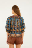 Farm Rio Embroidered Tapestry Short Sleeve Blouse in Blue