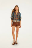 Farm Rio Embroidered Tapestry Short Sleeve Blouse in Blue