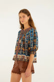 Farm Rio Embroidered Tapestry Short Sleeve Blouse in Blue