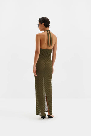 Malina Esra Knit Halterneck Maxi in Olive