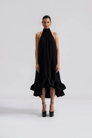 By Malina Sabrina Halterneck Ruffle Maxi Dress in Black