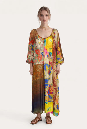 120% Lino Patchwork Print Kaftan Dress in Multi