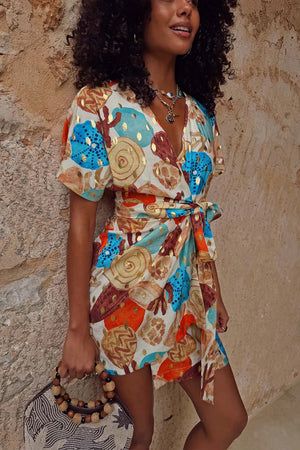 Never Fully Dressed Shell Mini Wrap Dress in Multi