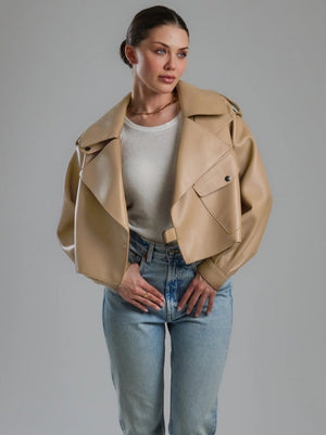 Jane & Tash Oversized Leather Jacket in Nude