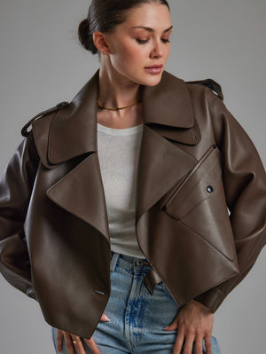 Jane & Tash Oversized Leather Jacket in Brown