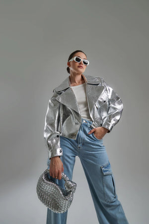 Jane & Tash Oversized Leather Jacket in Silver