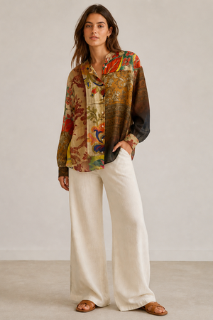 120% Lino Patchwork Collarless Shirt in Multi