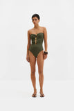 Malina Milea Gold Embellieshed Bandeau Swimsuit in Olive