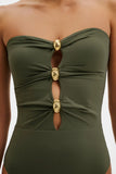 Malina Milea Gold Embellieshed Bandeau Swimsuit in Olive