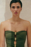 Malina Milea Gold Embellieshed Bandeau Swimsuit in Olive