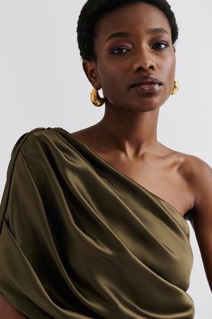 Malina Cassia Detachable Cape Maxi Dress in Olive