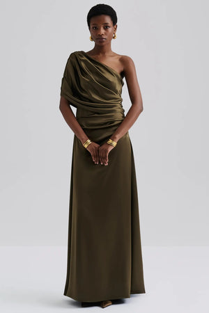 Malina Cassia Detachable Cape Maxi Dress in Olive