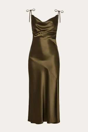 Malina Zarea Tie Satin Midi Dress in Olive