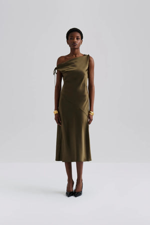 Malina Zarea Tie Satin Midi Dress in Olive