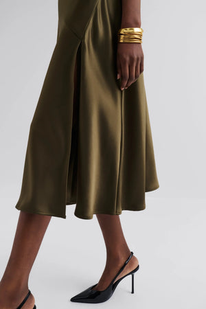 Malina Zarea Tie Satin Midi Dress in Olive