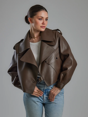 Jane & Tash Oversized Leather Jacket in Brown