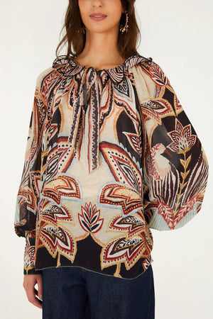 Farm Rio Tapestry Dream Long Sleeve Beige Blouse MULTI