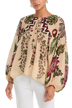 Farm Rio Ligia Floral Cascade Blouse in Beige