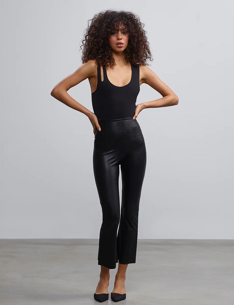Faux Leather Crop Flare Legging in Black