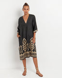 Kori V Neck Dress Feathers in Charcoal Gold